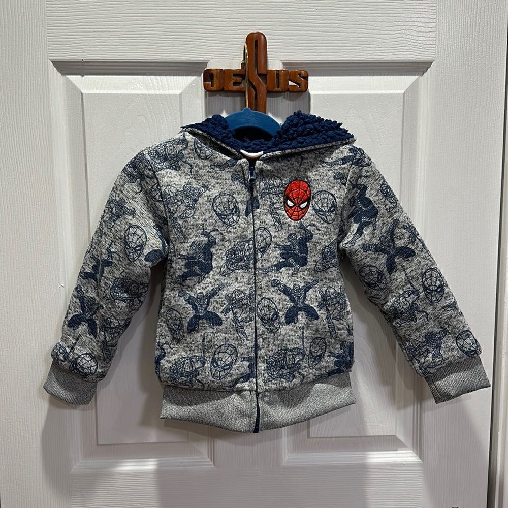 MARVEL SPIDER-MAN PUFFER KNIT JACKET FULL ZIP FLEECE GREY 4T